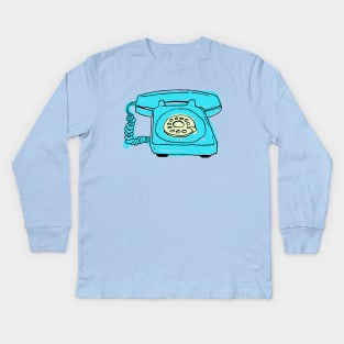 Sketchy Old Retro Rotary Phone - Teal Background Kids Long Sleeve T-Shirt